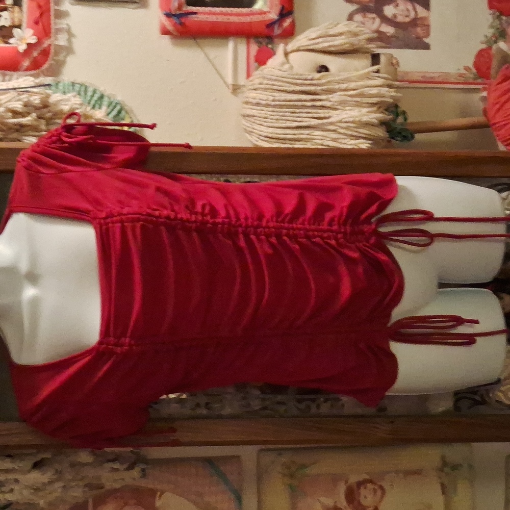 Like NEW,Stretchy, Burgundy-Red,Rouched,Top with Big,Sexy Neckline & Tie Detail